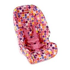 a child's car seat that is pink and multicolored polka dot print