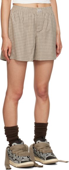 Cotton flannel boy shorts. Check pattern throughout. · Logo patch at elasticized waistband · Open-fly Supplier color: Beige plaid Flannel Boy, Beige Plaid, Logo Knit, Canvas Jacket, Knit Alpaca, Wool Blend Sweater, Check Pattern, Knit Cuff, Cotton Flannel