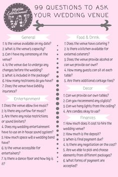 a pink wedding checklist with the words 99 questions to ask your wedding venue