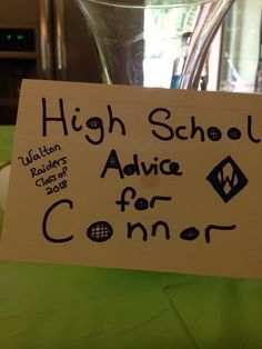 a sign that says high school advice for connor on the table in front of a blender