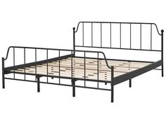 a metal bed frame with wooden slats on the bottom and foot board, viewed from the side