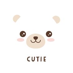 a white bear with brown eyes and the word cutie on it's face