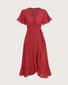 The Polka Dot Ruffle Wrap Dress & Reviews - Red - Dresses | RIHOAS Paris Summer Outfits, Casual Wrap Dress, Ruffle Wrap Dress, Tailored Clothes, Tie Design, Retro Mode, Cool Fabric, Ruffle Trim, Elegant Dresses