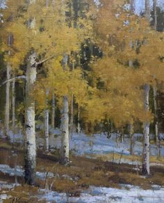 an oil painting of trees with yellow leaves