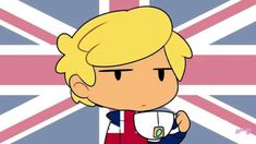 a cartoon character standing in front of a british flag