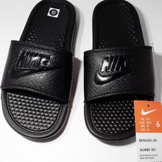 100% Authentic Nike Slides Sourced From An Authorized Nike Distributor. These Are New, Unworn And In The Original Box. The Color Is Black/Black And The Lettering Has A Shiny Finish While Rest Of The Shoe Is Matt Black' The Size Is Mens Size 6 Uk Size 5.5 Eur Size 38.5 Slides Nike, Nike Benassi, Nike Slides, Cute Sneakers, Black Nikes, Flip Flop Sandals, Slides, Nike Men, Flip Flops