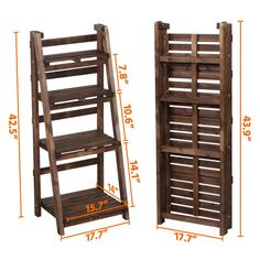 the wooden shelves are tall and have measurements for each shelf to be placed on top