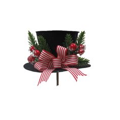 a black top hat with red and white striped ribbon, holly branches and berries on it