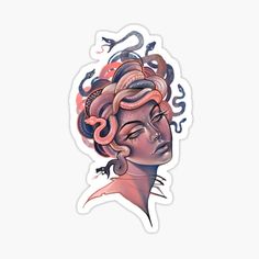 a sticker with an image of a woman's head and snakes on it