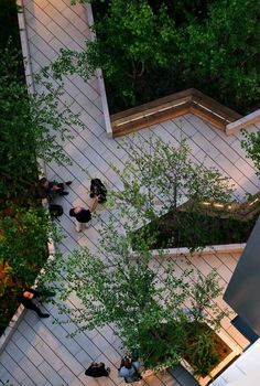 an overhead view of people sitting on benches in a courtyard with trees and bushes surrounding them