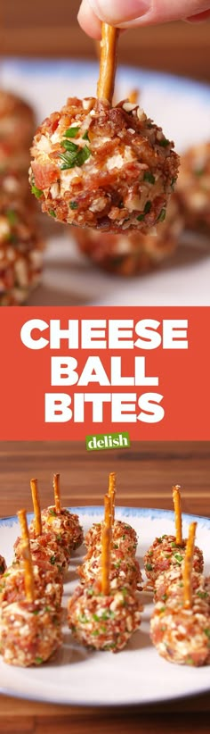 mini cheese ball bites on a plate with toothpicks in the foreground and text overlay that reads cheese ball bites