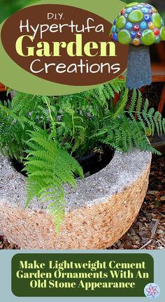 a planter with plants in it and the words, diy hypertufa garden creations make light weight cement garden ornaments with an old stone appearance