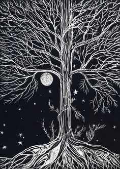 a drawing of a tree with the moon in the sky above it and stars all around