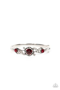 Dotted in dainty white rhinestones, leafy and floral silver frames swoop around fiery red rhinestone centers atop a dainty silver bangle-like bracelet, resulting in an elegant centerpiece.Featured inside The Preview at GLOW! Sold as one individual bracelet. Red Bangles, Elegant Centerpiece, Red Bracelet, Elegant Centerpieces, Silver Frames, Red Bracelets, Fiery Red, Hinged Bracelet, Paparazzi Accessories