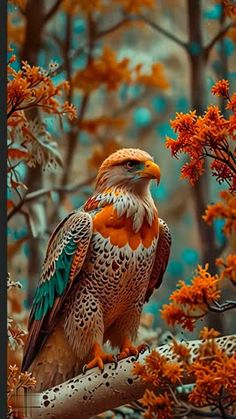 a bird sitting on top of a tree branch in a forest filled with orange flowers