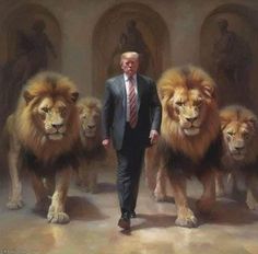 a man in a suit standing between two lions