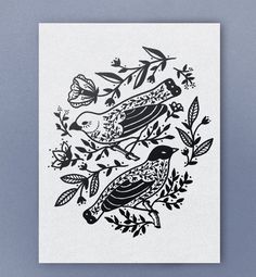 a black and white drawing of two birds sitting on top of a branch with leaves