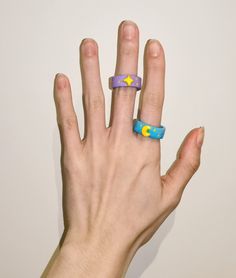 "Star and Moon Rings" are completely handmade and unique. They are made by air-dry clay, which is environmental friendly material without baking in oven and very light, which will not make your hand uncomfortable. These rings are painted and shaped very detailed, however they have tiny handmade traces. - Material: Padico La Doll air dry clay Padico sealer super gloss - Weight: 2g - Size: 60mm (USA9.5) Due to the hand-crafted nature of this collection, I am unable to reproduce the exact same desi Handmade Rings Clay, Cute Air Dry Clay, Fimo Ring, Moon Rings, Star And Moon, Moon Ring, Environmental Friendly, Handmade Rings, Dry Clay