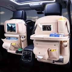 the back seats of a car are filled with various compartments for items to be placed in