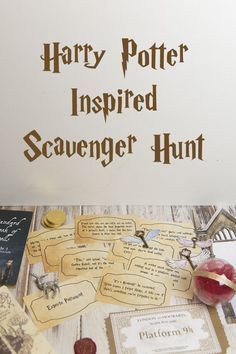 a harry potter inspired scavenger hunt is displayed on a table with other items