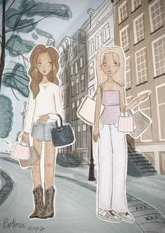 two women are walking down the street holding shopping bags