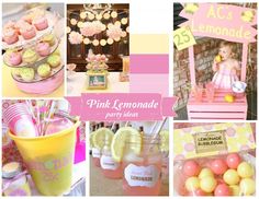 a pink table topped with lots of food and drinks next to bottles filled with milk