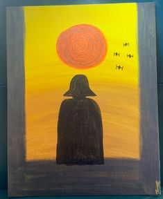 a painting of a person standing in front of an orange and yellow sky with stars