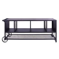 a black metal shelf with wheels on it