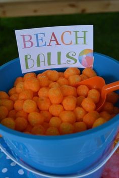 a blue bucket filled with orange balls and a sign that says beach balls on it