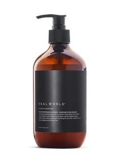 a bottle of real world hand soap on a white background