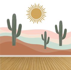 an image of a desert scene with cactus and sun wall decals on the walls