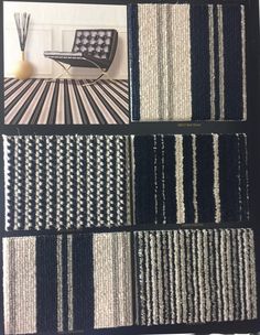 a black and white striped rug with different patterns on it, along with an image of a chair in the background