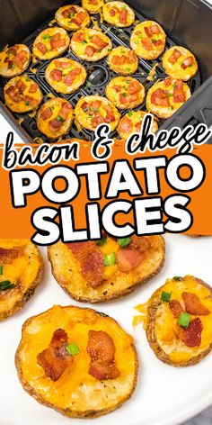 bacon and cheese potato slices on a white plate next to an oven with the words bacon & cheese potato slices