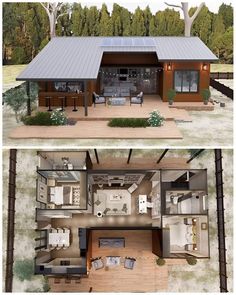 two pictures of the same house in different stages of construction, and one shows an open floor plan