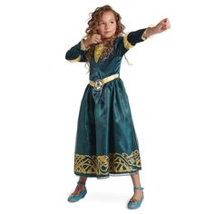 PRICES MAY VARY. Genuine, Original, Authentic Disney Store Velour bodice and long sleeves with pleated organza v-insert at neck, insert at elbow, gold brocade trim, and lame on sleeves Gold lame band at waist, stretch fabric, green satin second layer, and gold and black plastic brooch on satin plaid ribbon Organza top skirt with gold glitter design at hem, and tulle and acetate underskirts Inspired by Disney and Pixar's Brave Possessing the courage to dream, young imaginations can run wild in ou Brave Costume, Merida Costume, Disney Merida, Disney Princess Merida, Brave Princess, Disney Princess Costumes, Princess Merida, Disney Brave, Merida Brave