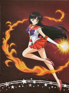 an anime character with long black hair and red shoes is flying through the air in front of stars