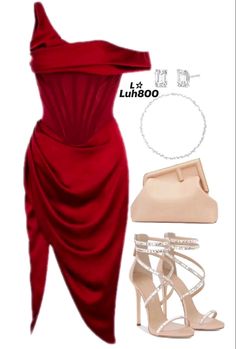 Heels For Red Dress Classy, Earrings For Off Shoulder Dress, Beautiful Red Dresses Classy, Red Dress Necklace, Red Dress With Accessories, Red Dress Outfit Accessories, Red Dress And Gold Accessories, What Heels To Wear With Red Dress, Heels That Go With Red Dress