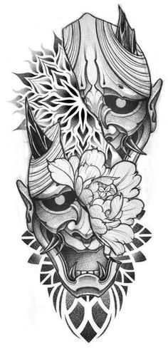 a black and white drawing of a mask with flowers on it