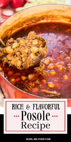 A pot of soup with a rich red chili stew with beans and shredded meat. With Pinterest overlay. Red Chili Stew, Easy Posole Recipe, Authentic Pozole, New Mexico Posole Recipe, Pozole Recipe Pork, Easy Pozole Recipe, Pasole Recipe, Chili Stew, Posole Recipe