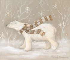 a painting of a white polar bear wearing a scarf and mittens, with snowflakes in the background