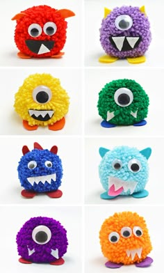 six different types of stuffed animals with big eyes and teeth, all made out of pom poms