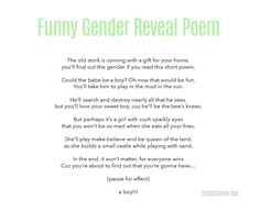 a poem written in green and white with the words funny gender reveal poem on it