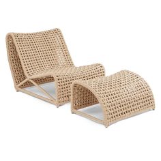 two wicker lounge chairs with footstools