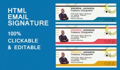 two blue and yellow email signature cards with an image of a man in a suit