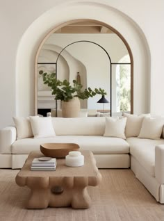 a living room filled with furniture and a large mirror above the couches, as well as potted plants