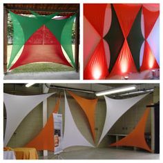 three different images of an orange, green and white tent