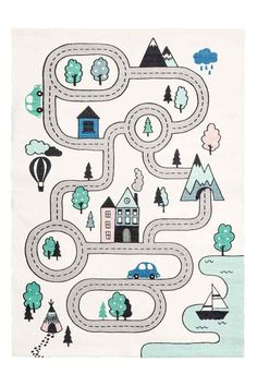 a drawing of a road with houses and trees on it, in the shape of a maze