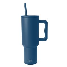 a blue travel mug with a straw in it