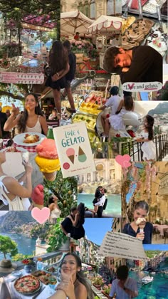 the collage shows many different people and food items in various pictures, including signs that say i love gelato