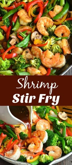 shrimp stir fry with broccoli and peppers in a skillet